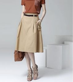 A-line Pockets Khaki and Black Button Midi Skirt | Best price | Free shipping! | Check it now! | Line Skirt Outfit, Khaki Shirt Dress, Button Midi Skirt, Cheap Fashion Dresses, Plain Skirt, Green Evening Dress, Khaki Shirt, Beige Skirt, Buy Skirts