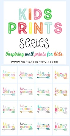 children's print series with different font styles and colors, including the words for each child