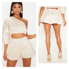 Go Bold In Gold With This Co-Ord. These Shorts Features A Gold Foil Leopard Print Fabric With A Zip Fastening On The Side And A Floaty Fit, Team Them With The Matching Crop Top, Heels And Killer Accessories For A Look We're Loving. Pretty Little Things Nwt 4 Gold/White Fabric: 90% Polyester 10% Metallized Fiber Approx Measurements: Waist: 12” Fr: 13” Inseam: 2” Total Length: 13 1/2” Bundle To Save More Beige Summer Party Bottoms, Beige Bottoms For Summer Party, Summer Party Sets With Short Length, Beige Summer Party Shorts, Beige Fitted Shorts For Party, Beige Fitted Party Shorts, Beige Shorts For Night Out In Summer, Beige Shorts For Night Out In Spring, Spring Night Out Short Sets