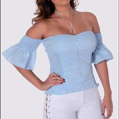 Keep Your Looks Chic And Cool This Season In Our Lovely Off Shoulder Blouse Light Blue! Stretchy 60% Cotton 35% Polyester 5% Spande Off-shoulder Blue Blouse, Light Blue Off-shoulder Top For Summer, Light Blue Button-up Blouse For Day Out, Fitted Off-shoulder Blue Blouse, Blue Fitted Off-shoulder Blouse, Chic Light Blue Off-shoulder Top, Fitted Blue Off-shoulder Blouse, Blue Off-shoulder Cotton Blouse, Light Blue Off-shoulder Summer Top