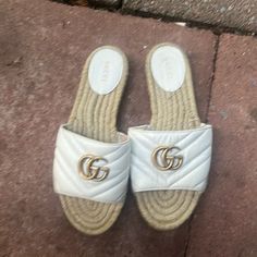 Gucci Slides Brand New. Size 38 Luxury White Gucci Sandals, White Gucci Sandals For Summer, White Gucci Open Toe Sandals, White Gucci Sandals With Branded Insole, Designer White Sandals For Spring, Gucci Slides, Shoes Gucci, Gucci Shoes, Dream Wardrobe