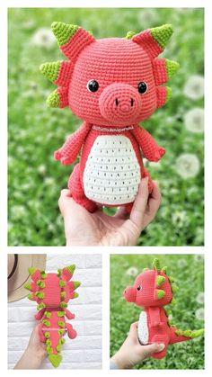 a crocheted dragon stuffed animal is shown in three different photos, including one with green leaves on it