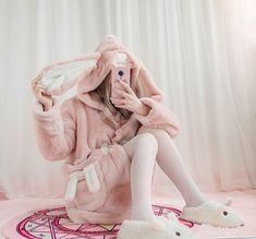 Autumn Rabbit, Cute Kawaii Outfits, Pink Fur Coat, Plush Coat, Pink Fur, Hoodie Cardigan, Cute Pajamas, Rabbit Ears, Sweet Lolita