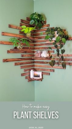 a plant shelf made out of wooden pallets with plants growing on it and text overlay that reads how to make easy plant shelves