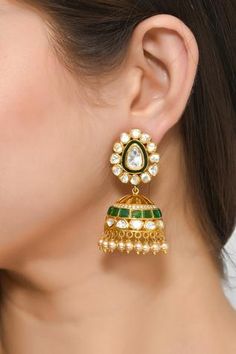 Shop for Zeeya Luxury Jewellery Kundan Studded Jhumka Earrings Online at Aza Fashions Green Floral Top, Jhumka Earrings, Online Earrings, Luxury Jewelry, Online Jewelry, Aza Fashion, Semiprecious Stones, Silver Color, Precious Stones