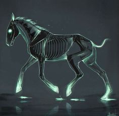 a skeleton horse is walking in the dark with its head turned to look like it's running