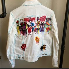 Levis Hand-Painted White Denim Jacket With Patches New Without Tags Fitted Graffiti Print Outerwear For Spring, White Graphic Print Outerwear For Spring, Multicolor Denim Jacket With Patches For Spring, Multicolor Graphic Print Denim Jacket For Fall, Multicolor Patched Denim Jacket For Spring, Multicolor Denim Jacket With Graphic Print For Fall, Levi's White Outerwear For Spring, Casual Denim Jacket With Graffiti Print For Fall, Multicolor Graphic Print Denim Jacket For Spring