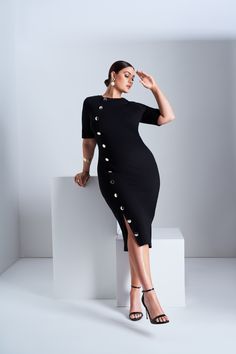 Stretch Midi Dress With Buttons, Fitted Bodycon Dress With Buttons For Work, Fitted Knee-length Dresses With Buttons, Stretch Knee-length Dress With Buttons, Elegant Stretch Dresses With Button Closure, Fitted Sheath Dress With Buttons, Fitted Button Back Midi Dress For Work, Fitted Dress With Button Back For Work, Fitted Midi Dress With Button Back For Work