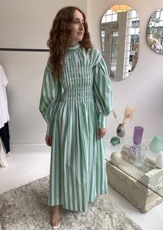 Ganni Stripe Cotton Dress - Kelly Green Ampersand Design, Mockneck Dress, Ganni Dress, Forever Products, Fashion Girly, Holiday 2022, Balloon Sleeve Dress, Spring 23, Striped Midi Dress