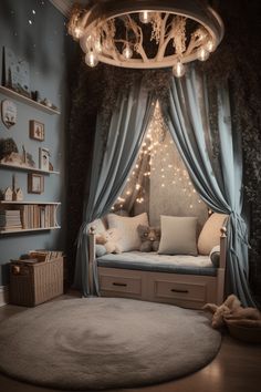 a bedroom with blue walls and lights on the ceiling