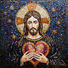 jesus holding a heart in his hands with mosaics all around him on the wall