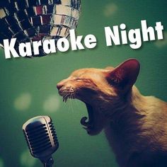 a cat is singing into a microphone with the words karaoke night written below it