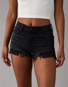 AE Next Level High-Waisted Denim Short Short Clothe Store, Random Wishlist, High Waisted Shorts Outfit, Rush Outfits, American Eagle Outfits, Black Jeans Outfit, Ripped Denim Shorts, Black Jean Shorts, Cute Preppy Outfits