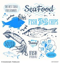 seafood menu with hand drawn fish and chips