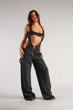 The Plunge / Vintage Black – Revice Chic High Waist Cotton Overalls, Black Overalls With Suspenders, Cotton Jumpsuits And Rompers For Night Out, Chic Bib Front Overalls With Pockets, Chic Overalls With Bib Front And Pockets, Spring Overalls For Night Out, Trendy Overalls With Suspenders For Workwear, Chic Black Denim Overall Jumpsuit, Utility Style Jumpsuits And Rompers With Suspenders