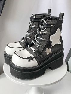 Star Appliques Punk Black Denim Platform Ankle Boots Dr Shoes, New Rock, Star Decorations, Platform Ankle Boots, Black Platform, Really Cute Outfits, Pretty Shoes, Dream Clothes, Platform Boots