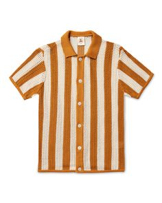 The Dominica Crochet Shirt lends elegance of form to any solar-seeking wardrobe on the fly, domestic or otherwise. Made from soft and breathable cotton crochet, this premium button up exceeds the mark for comfort, while adhering to a dapper outline that adjusts to the individual. The fiery sienna stripes add a pop of c Collared Cotton Top With Pointelle Knit, Vintage Open Knit Tops For Summer, Summer Collared Pointelle Knit Tops, Collared Pointelle Knit Tops For Summer, Relaxed Fit Cotton Open Knit Top, Fitted Collared Open Knit Tops, Summer Knit Collared Shirt, Relaxed Fit Open Knit Cotton Top, Summer Collared Knit Shirt