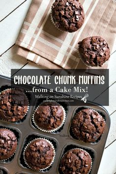 chocolate chunk muffins from a cake mix in a muffin tin on a table