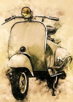 a painting of a scooter parked in front of a yellow wall with the door open