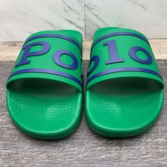 Polo Ralph Lauren Slides 11 Size Green Non-slip Slide Sport Sandals, Blue Slides For Summer, Green Open Toe Sports Sandals, Green Open Toe Sandals For Sports, Green Sports Sandals With Rubber Sole, Green Casual Sports Sandals, Casual Green Sports Sandals, Casual Green Sandals For Sports, Green Round Toe Sports Sandals