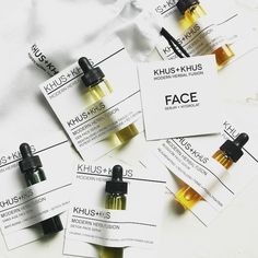 five different types of facial oils on top of eachother's labels with the words khush - hlus