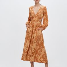 New Mon Renn Australia Us Size 4 Original $200 Orange Floral Leafy Pattern Maxi Dress With Cutout Detail Amazing Vacation Dress Or Fall Dress Also Great For The Beach Summer Long Sleeve Cutout Dress, Casual Long Sleeve Dresses With Cutout, Spring Long Sleeve Cutout Maxi Dress, Long Sleeve Midi Dress With Cutout For Summer, Long Sleeve Cutout Midi Dress For Summer, Cutout Long Sleeve Midi Dress For Summer, Casual Midi-length Cutout Dress, Casual Midi Length Dress With Cutout, Bhldn Bridesmaid Dresses