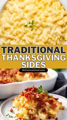 two plates filled with macaroni and cheese on top of each other, the title reads traditional thanksgiving sides