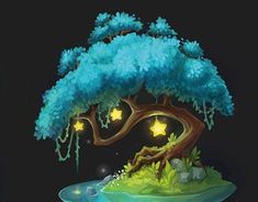 a painting of a tree with stars on it