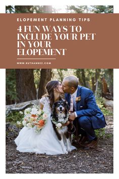 a bride and groom kissing their dog in the woods with text overlay that reads, 4 fun ways to include your pet development