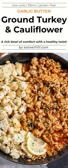 a pan filled with cauliflower next to a lemon wedge on top of it