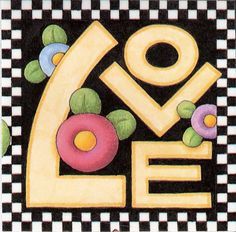 the word love is painted on a black and white checkerboard background with flowers