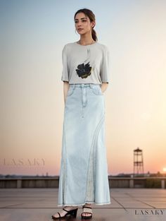 Lasaky - Premium High-Waisted Frayed Hem Mermaid Maxi Denim Skirt High Waist Light Wash Stretch Skirt, High Waist Stretch Light Wash Skirt, High Waist Stretch Skirt In Light Wash, Wide Leg Light Wash Skirt For Summer, Light Wash Long Denim Skirt For Summer, Summer Light Wash Long Denim Skirt, Summer Long Denim Skirt In Light Wash, Fitted High Waist Light Wash Denim Skirt, Light Wash Long Denim Skirt For Spring