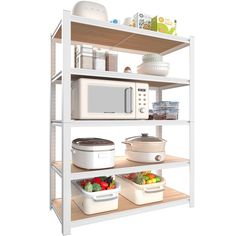 a white microwave oven sitting on top of a wooden shelf next to bowls and containers