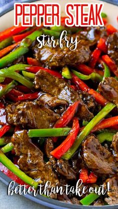 beef stir fry with peppers and carrots in a pan on a table top, text overlay reads pepper steak stir fry simply better than take out