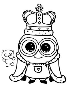 a black and white drawing of a minion wearing a crown with a teddy bear