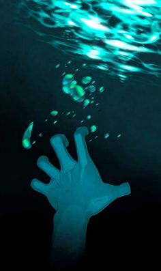 a hand reaching up into the air under water