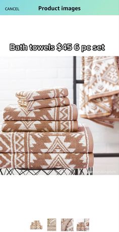 towels are stacked on top of each other in front of a white brick wall with the words, bath towels $ 15 6 per set