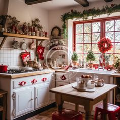 the kitchen is decorated for christmas with red and green decorations on the windowsills