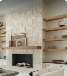 Fireplace Narrow Built Ins, Fireplace With Wood Shelves On Side, Fireplace On Sloped Ceiling, Stone Face Fireplace, Fireplace With Cabinets On One Side, Tv Fireplace Wall Ideas Built Ins Stone, Living Room Wall Fireplace, Tv Wall Next To Fireplace, Fireplace With Lower Built Ins