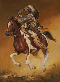 a painting of a native american man riding a horse