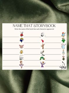 the name that storybook is written on top of a sheet of green fabric with cartoon characters