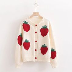 Cozy Strawberry Pattern Knit Button-Front Cardigan Cute Button-up Cardigan For Fall, Cute Fall Cardigan With Button Closure, Cute Button-up Fall Cardigan, Cute Cotton Sweater With Buttons, Cute Cotton Buttoned Sweater, Cute Cotton Cardigan With Button Closure, Cute Buttoned Cardigan For Fall, Cute Cardigan With Buttons For Fall, Cute Winter Button-up Cardigan