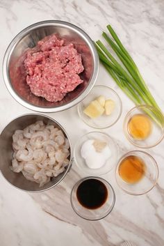 the ingredients for this dish include meat, onions, eggs and seasonings in bowls