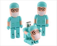 two blue and green toy figures with glasses on their heads, one is holding a flash drive