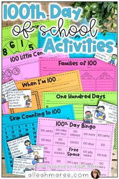 the 100th day of school activities for children with pictures and words on them, including one hundred