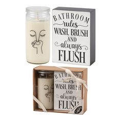 two candles are in a box and one has a sign that says bathroom rules, wash brush and always flush