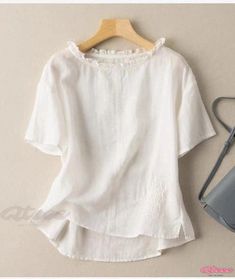 Qteee - Embroidered Round Neck Short Sleeve Shirt - Loose-fit Casual Top Casual Short Sleeve Blouse With Floral Embroidery, Casual Floral Embroidered Short Sleeve Blouse, Fitted Cotton Embroidered Top With Crew Neck, Embroidered Solid Color Short Sleeve Tops, Embroidered Short Sleeve Solid Tops, Casual Embroidered Short Sleeve Top For Spring, White Embroidered Short Sleeve Top, Casual Short Sleeve Embroidered Summer Top, Relaxed Fit Crew Neck Tops With Floral Embroidery