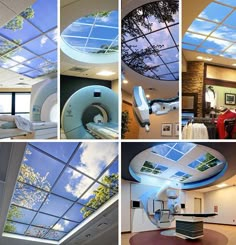 multiple pictures of the inside of a hospital room with skylights and medical equipment in it