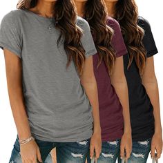 PRICES MAY VARY. Material:This short sleeve tops is made of 35% rayon,60%polyester and 5 %spandex, soft, lightweight, breathable, light-stretch, wrinkle-free and skin-friendly. Design: 3 pack t-shirts, crew neck, short sleeve, strechy fabric, round neck, solid color, loose fit, lightweight, comfy under shirts, casual style, suitable for spring, summer and fall. Match:This womens 3 pack short sleeve tees is easy to match with jeans, shorts, sweatpants, leggings, cago pants. Also can wear as a und Shirts Short Sleeve, Shorts Sweatpants, Basic Shorts, Trendy Summer Outfits, Soft Clothes, Womens Crewneck, Friendly Design, Casual Coat, Basic Tops