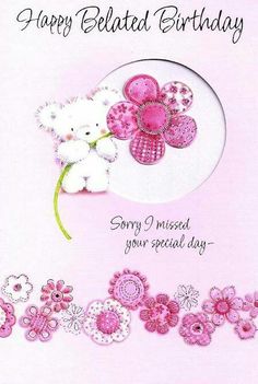 a greeting card with pink flowers and a white teddy bear holding a flower in it's mouth